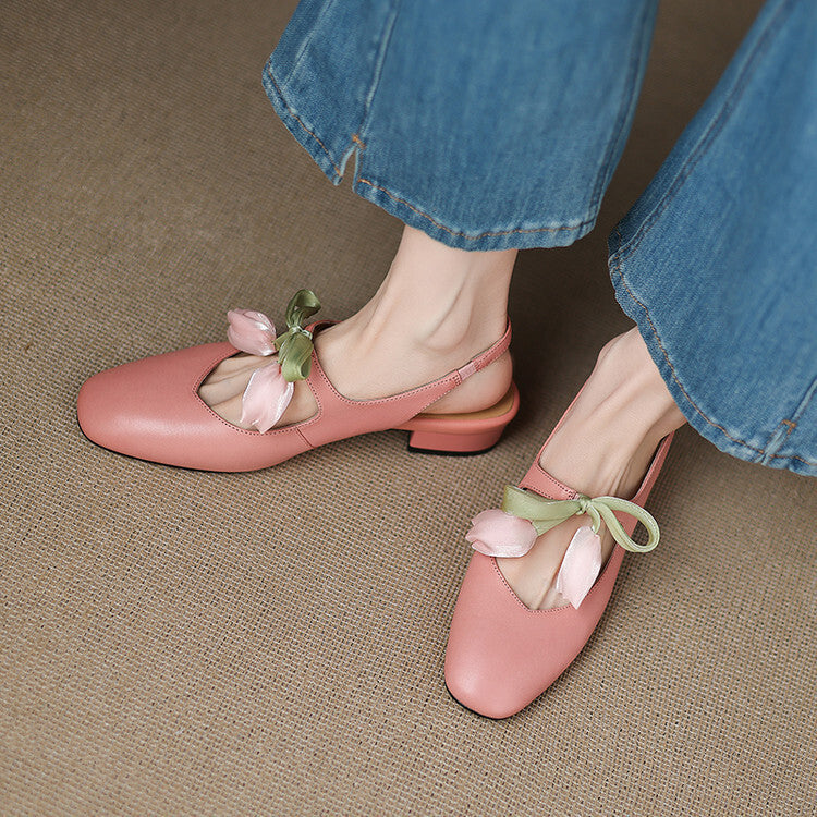 Women's French Style Leather Headband Sandals – Mid-Heel Round Toe