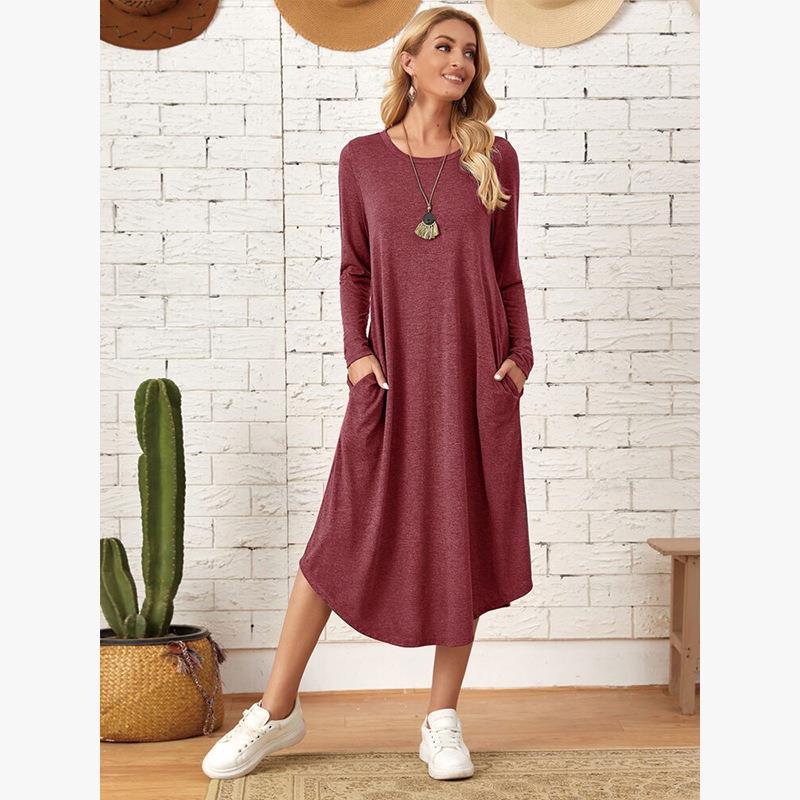 Women's Cotton Maxi Dress – Solid Color Long Sleeve A-Line with Pockets