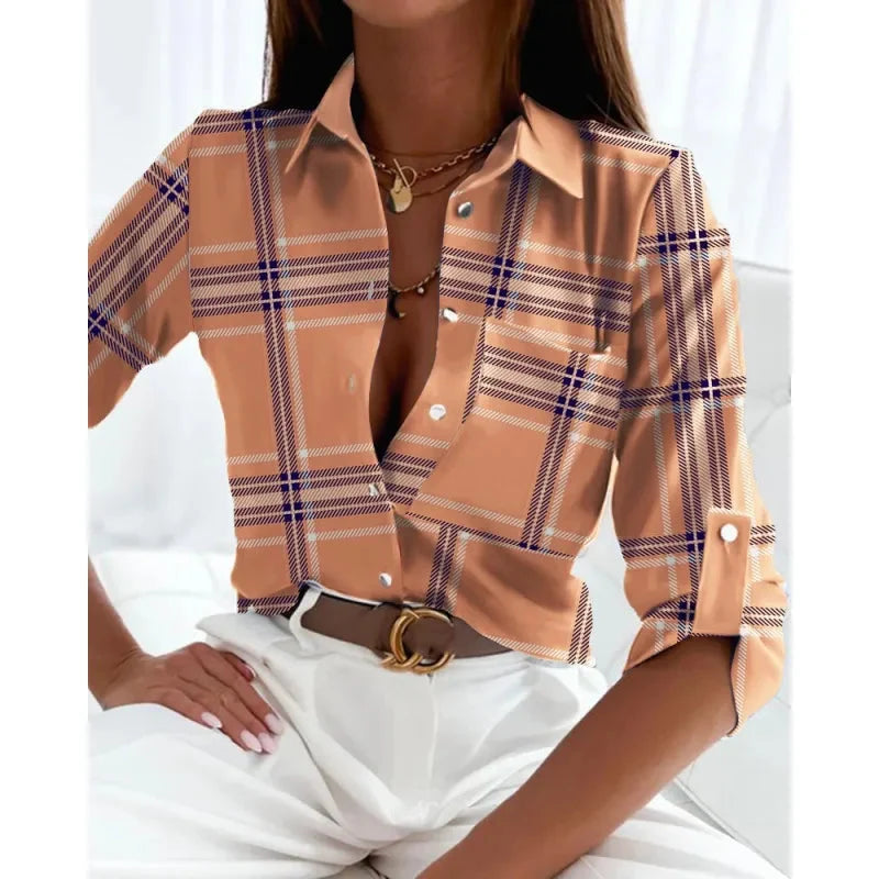 Women’s Printed Long-Sleeve Lapel Shirt | Casual Elegant Blouse