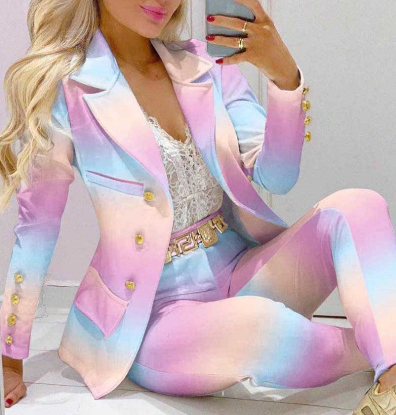 Women's Printed Coat & Trousers Two-Piece Set – 19 Prints, Casual Fashion Suit