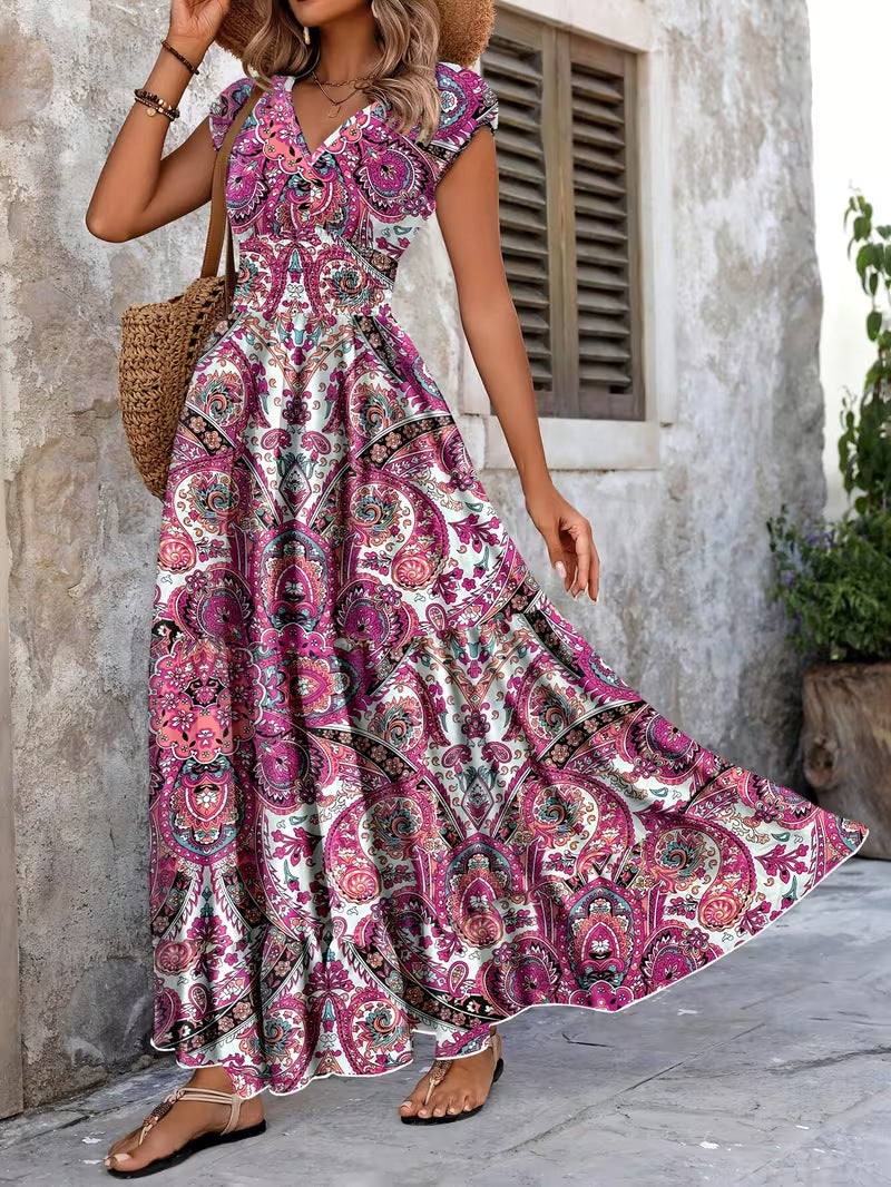 Women's V-Neck Floral Print A-Line Midi Dress – High Waist Sleeveless