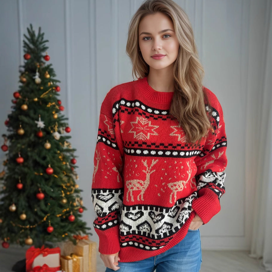 Women’s Red Deer Christmas Sweater | Jacquard Knit Long Sleeve Pullover