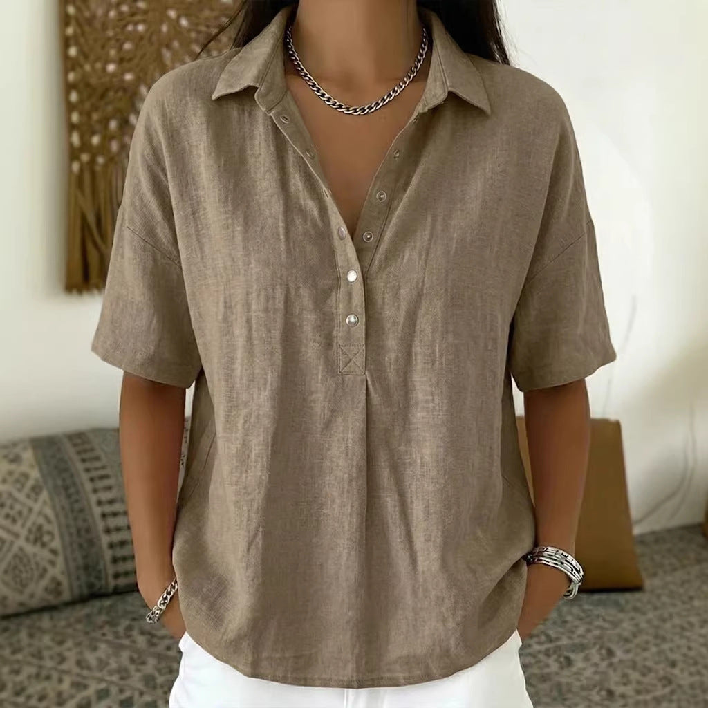 Short Sleeve Button Pullover Shirt – Solid Color Women’s Top
