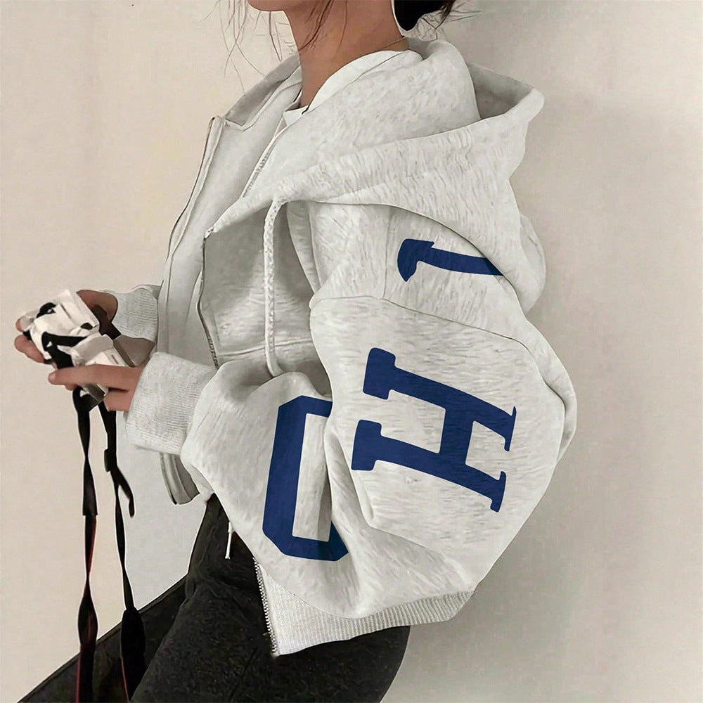 Women’s Zip-Up Printed Sweatshirt – Long Sleeve Casual Jacket