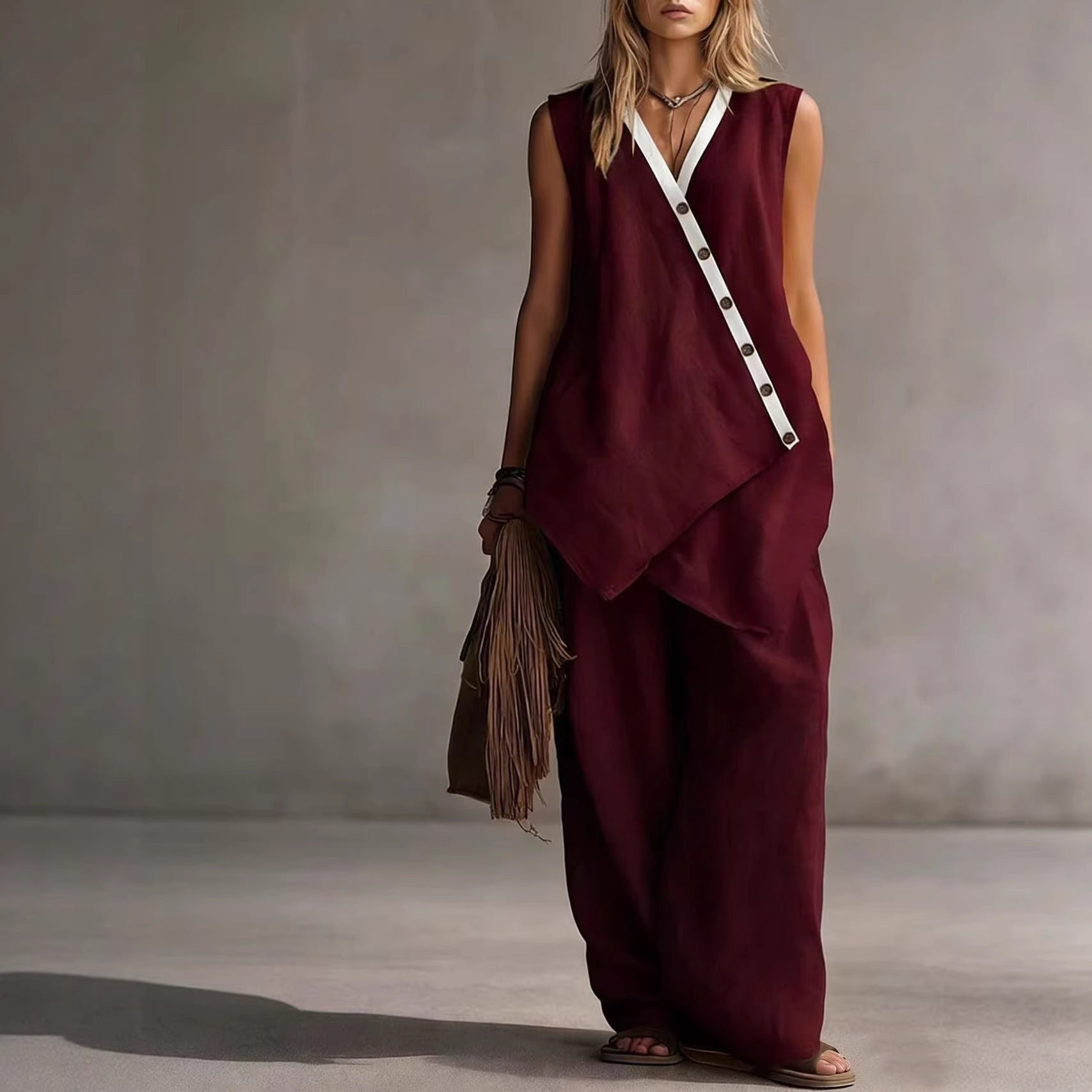 Women's Boho V-Neck Button Vest & Wide-Leg Pants Set