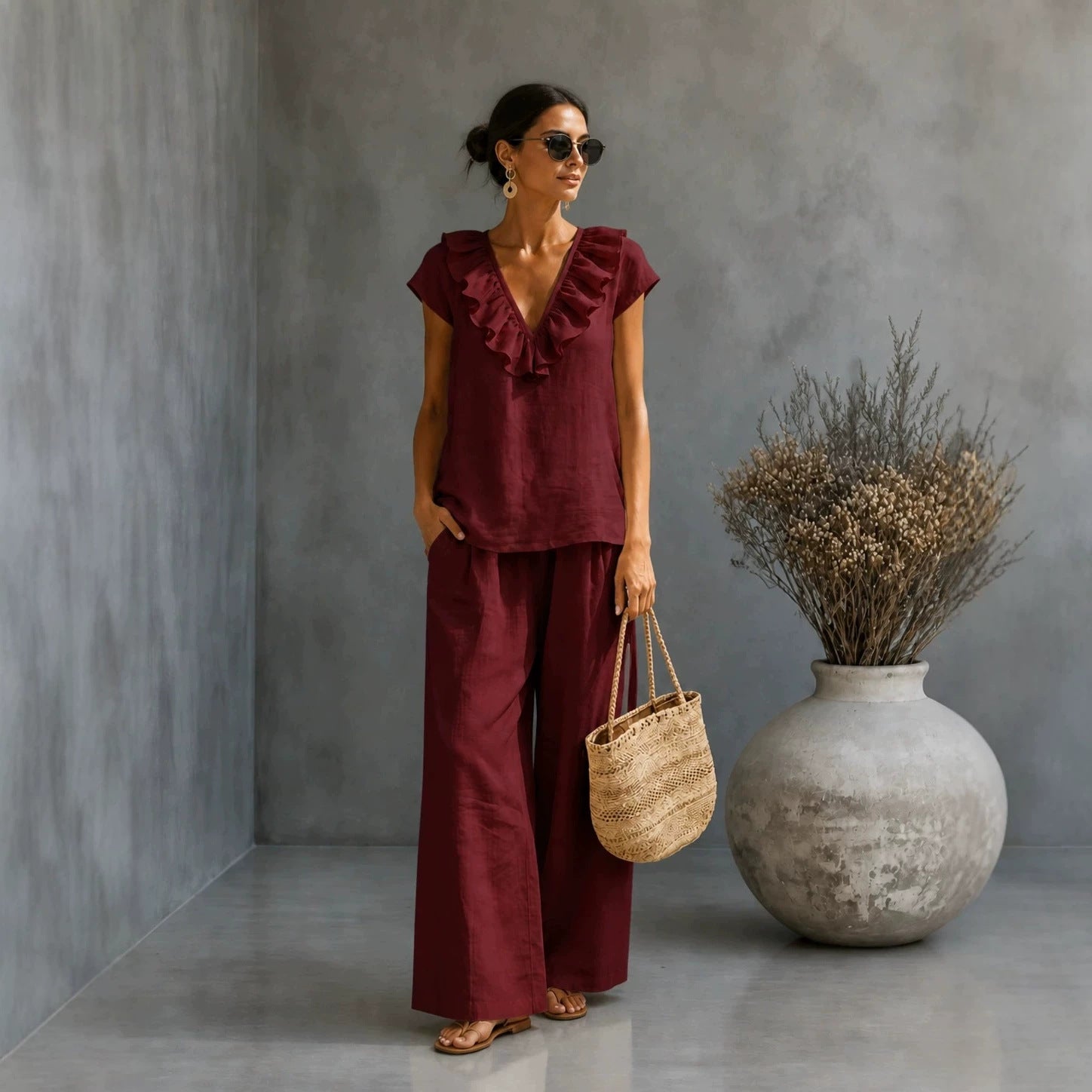 Women's V-Neck Ruffled Hem Top & Wide-Leg Pants Two-Piece Set