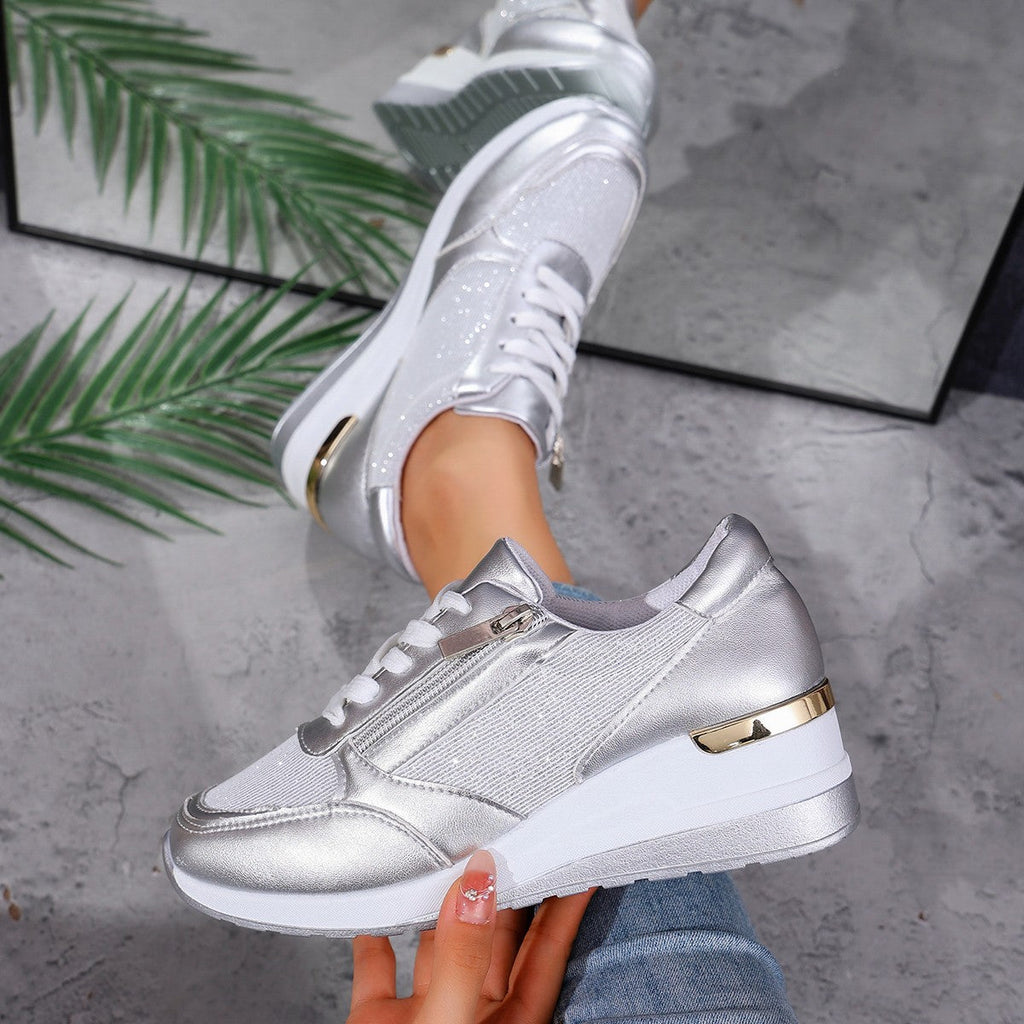 Metallic Lace-Up Side Zipper Thick-Sole Sneakers – 3 Colors EU 37–44