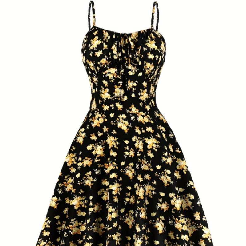 Floral Backless Bow-Tie Strappy Maxi Dress – Black & Blue, S–XXL