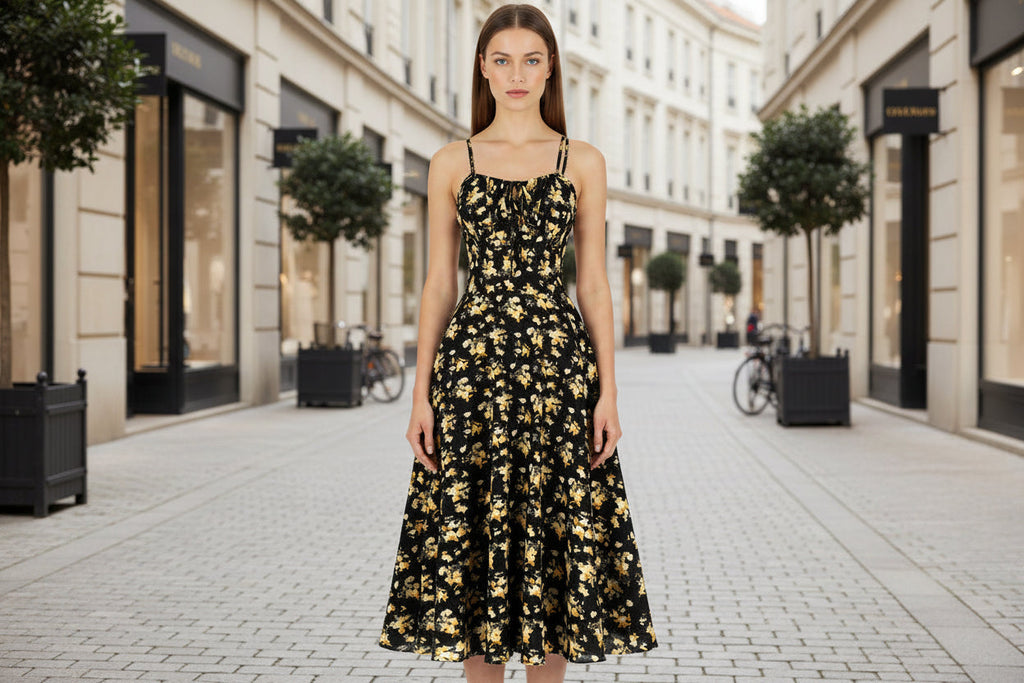Floral Backless Bow-Tie Strappy Maxi Dress – Black & Blue, S–XXL