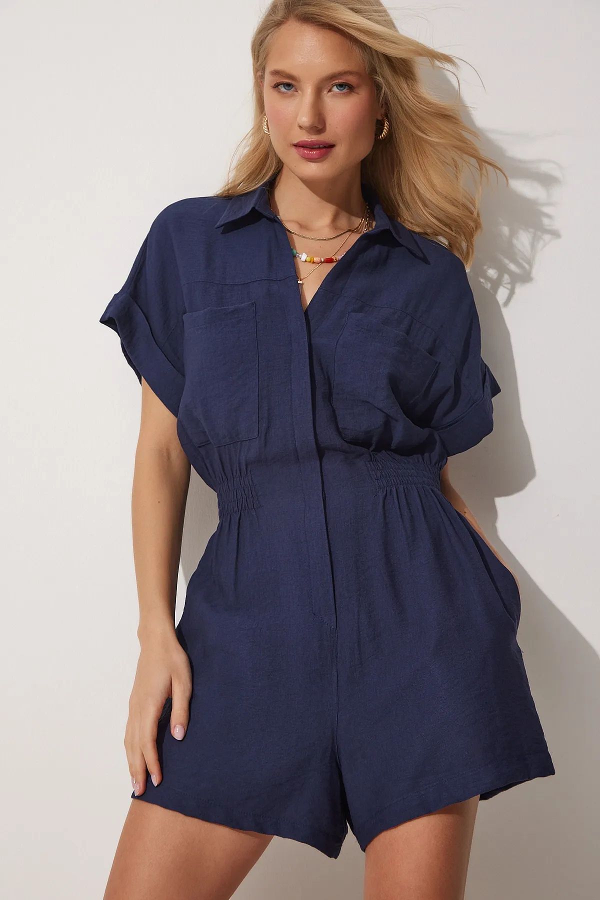Women's Cotton Linen Loose-Fit Workwear Jumpsuit With Pockets