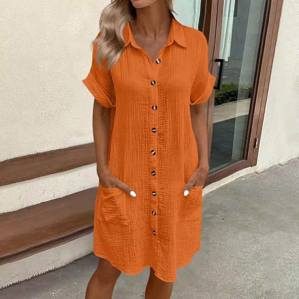 Women's Casual Loose Short-Sleeve Midi Shirt Dress – Button-Down