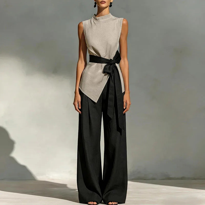 Women's Lace-Up Sleeveless Top & Wide-Leg Pants Set