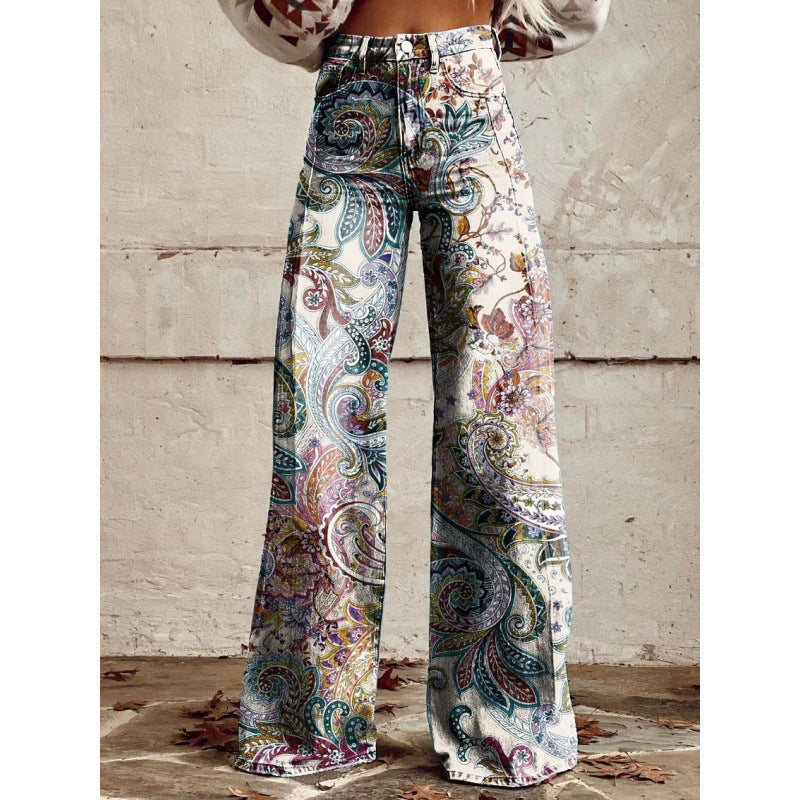 Women's Printed Flare Pants – Mid-Waist Full Length Plus Size