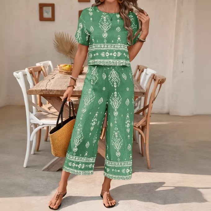 Women's Ethnic Print Contrast Two-Piece Set – Top & Straight-Leg Pants