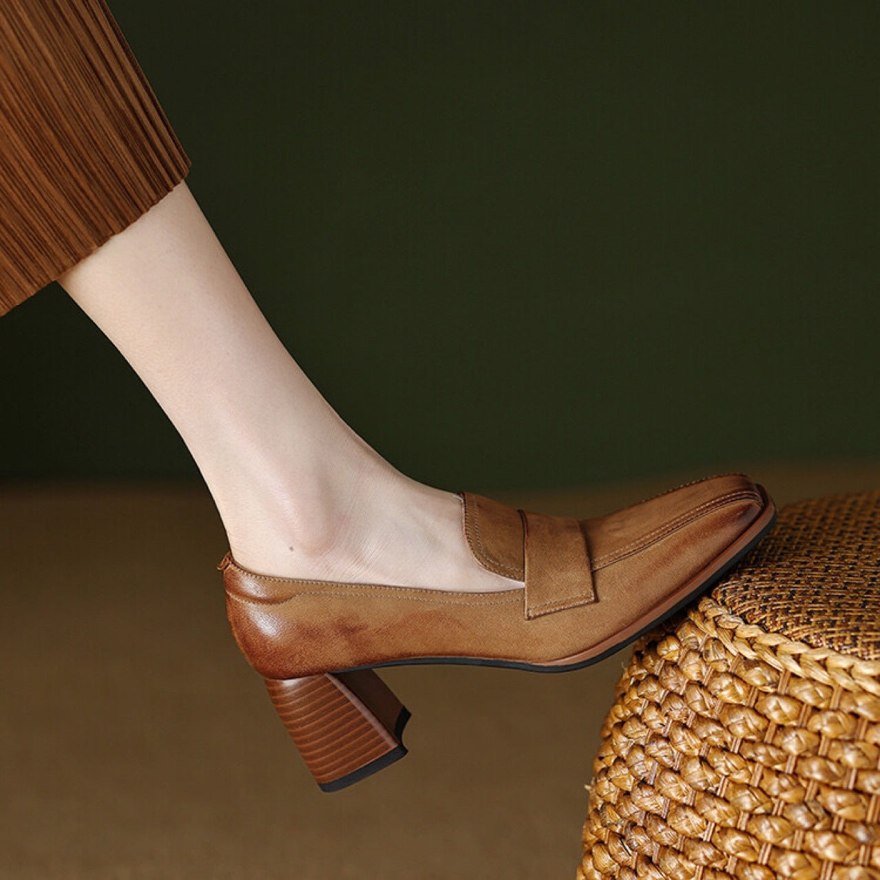 Women's Sheepskin Square Toe Chunky Heel Pumps – Retro High Heel Dress Shoes