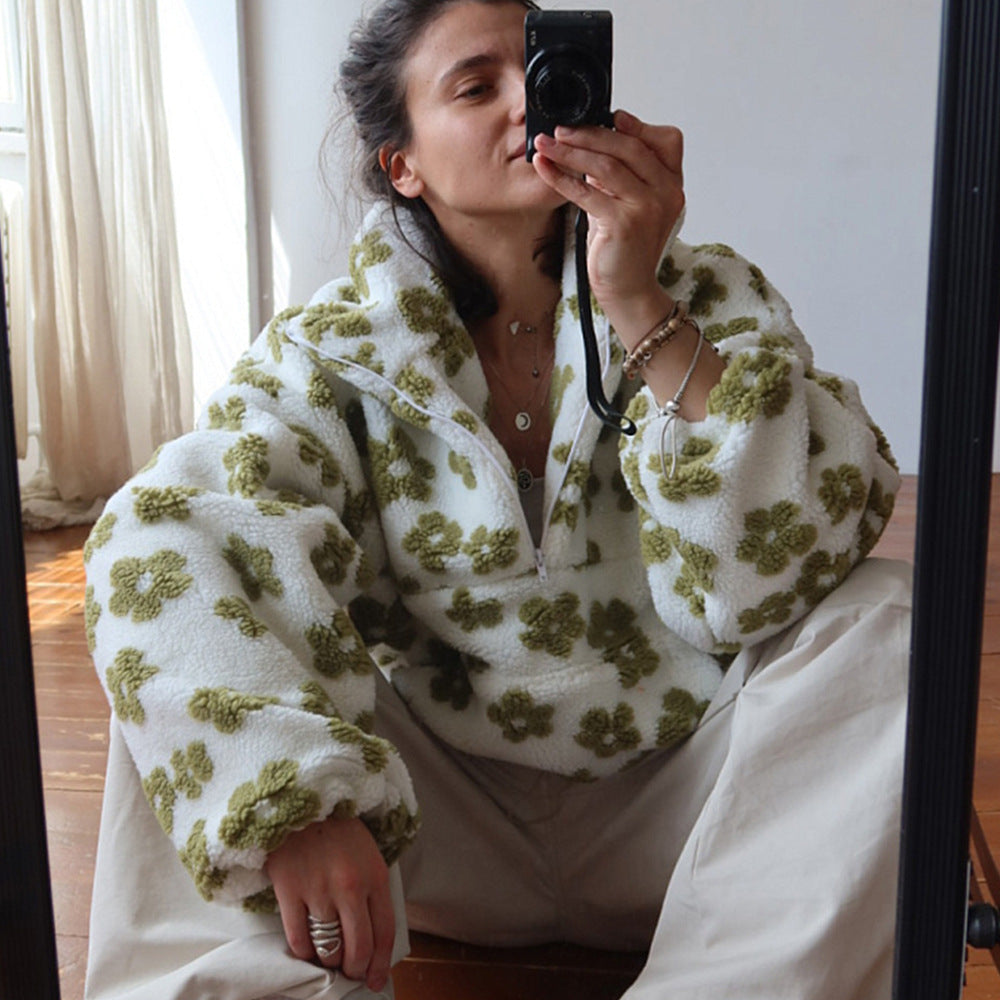 Winter Flowers Lambskin Sweatshirt Women | Cozy Zip-Up Pocket Pullover