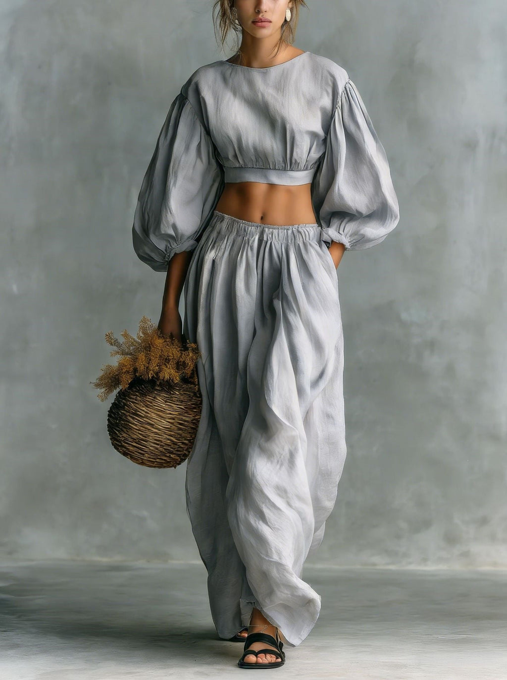 Women's Puff-Sleeve Crew-Neck Two-Piece Set with Pockets