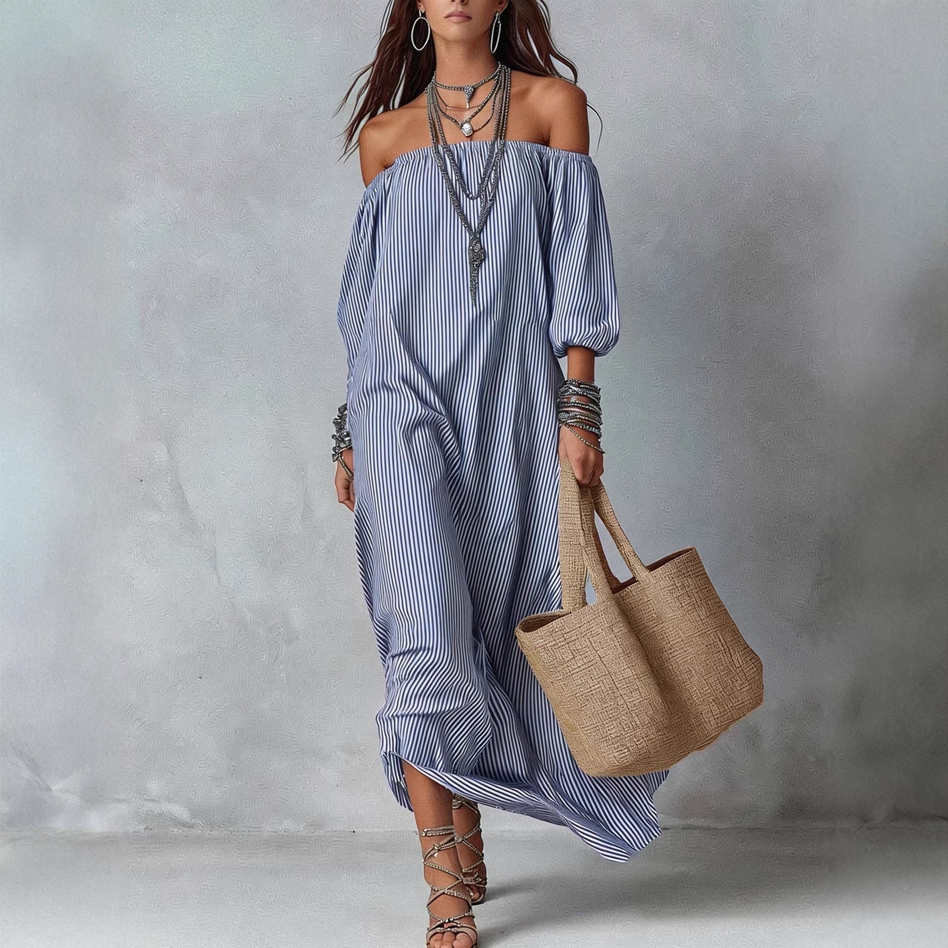 Women's Striped Loose-Fit Flared Maxi Dress – Holiday & Vacation