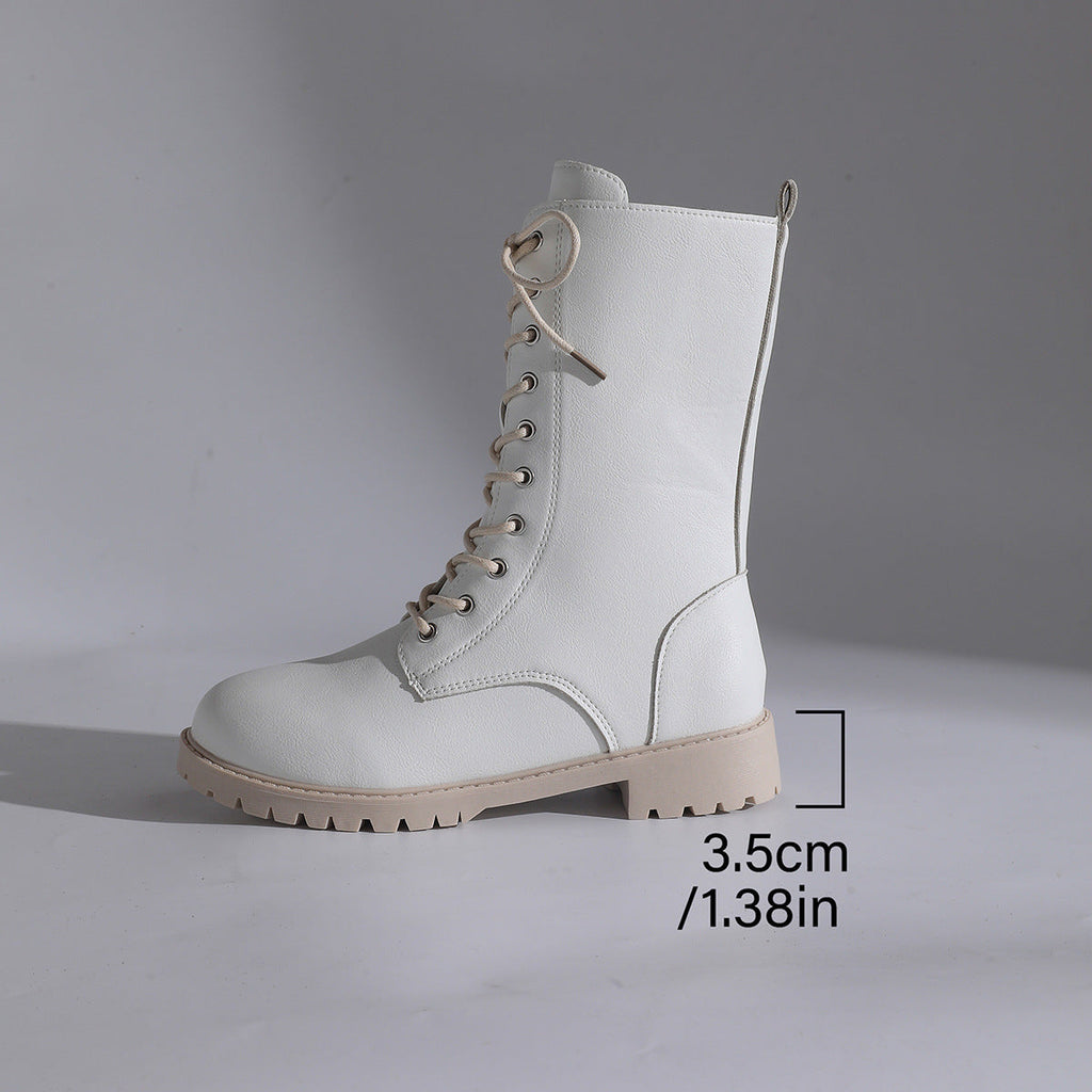 Women's Lace-Up Mid-Calf Combat Boots – Square Block Heel Lug Sole