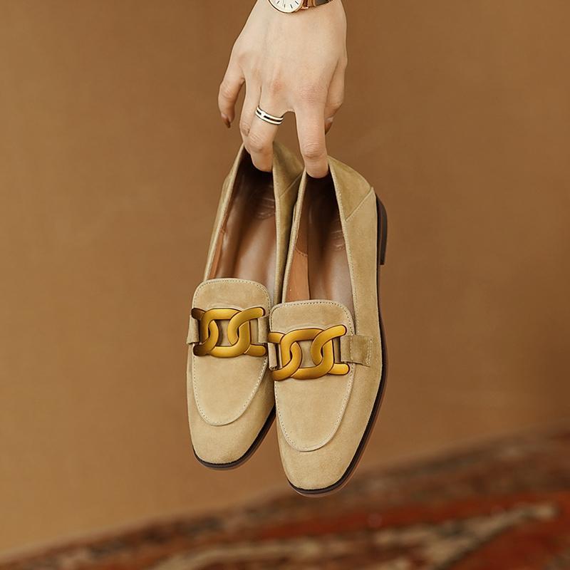 Women's Retro Metal Buckle Suede Loafers – Platform Chunky Heel Slip-On