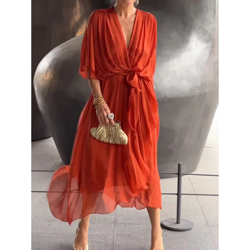 Batwing Sleeve V-Neck Midi Dress – Tied Irregular Hem Fairy Dress