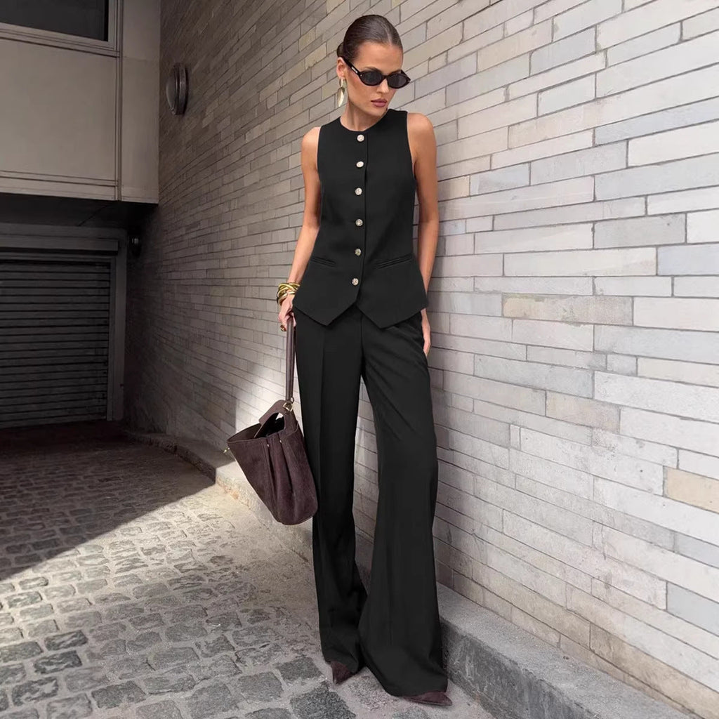 Women's Elegant Sleeveless Vest & Wide-Leg Pants Set – Office 2-Piece