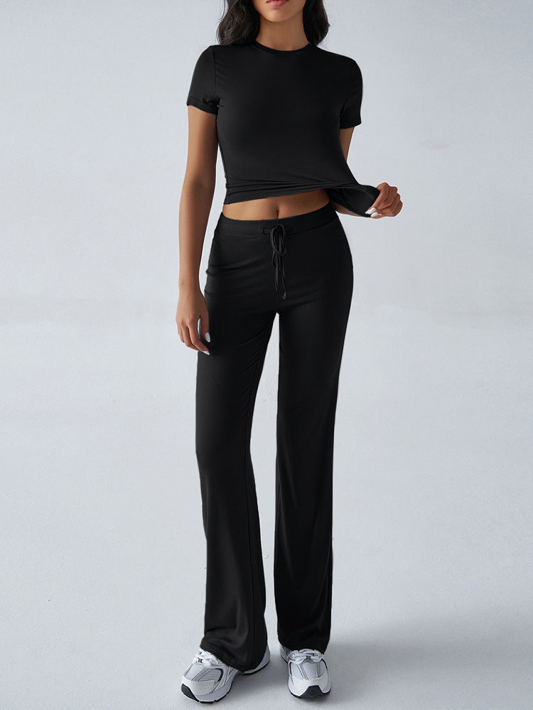 Crew Neck Short Sleeve Top & Full-Length Pants Set – Solid Color, 10 Colors