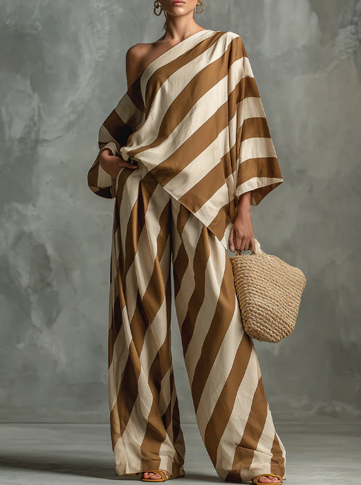 Women's Retro Striped Batwing Top & Wide-Leg Pants Set – Vintage 2-Piece