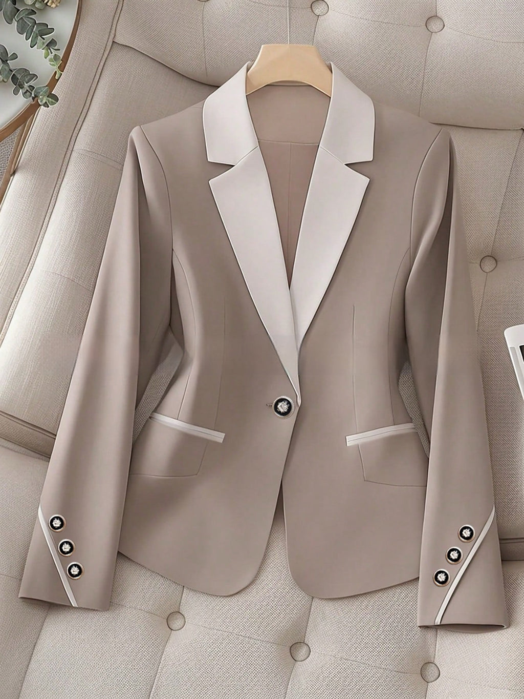 Women’s Contrasting Color Blazer – Elegant Button Formal Jacket