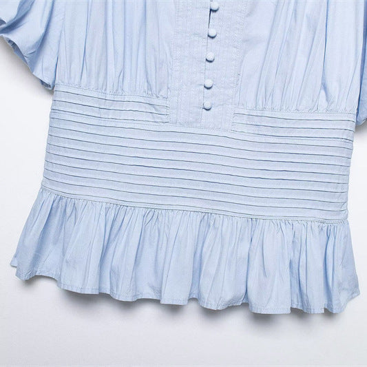 Women's Ruffle-Trim Puff-Sleeve Blouse Top – Slim-Fit Elegant