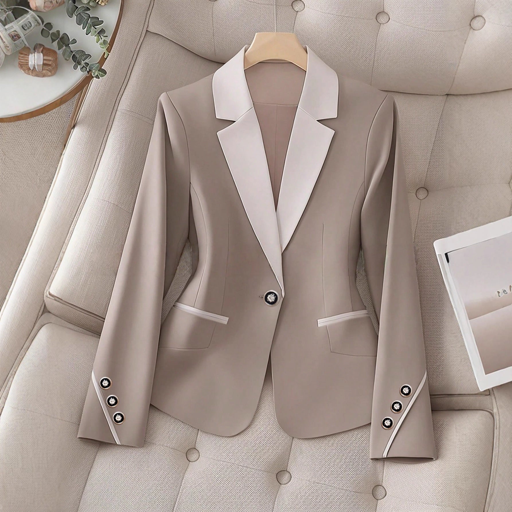 Women’s Contrasting Color Blazer – Elegant Button Formal Jacket