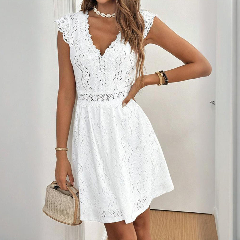 Women’s V‑Neck Short‑Sleeve Dress with Lace Trim