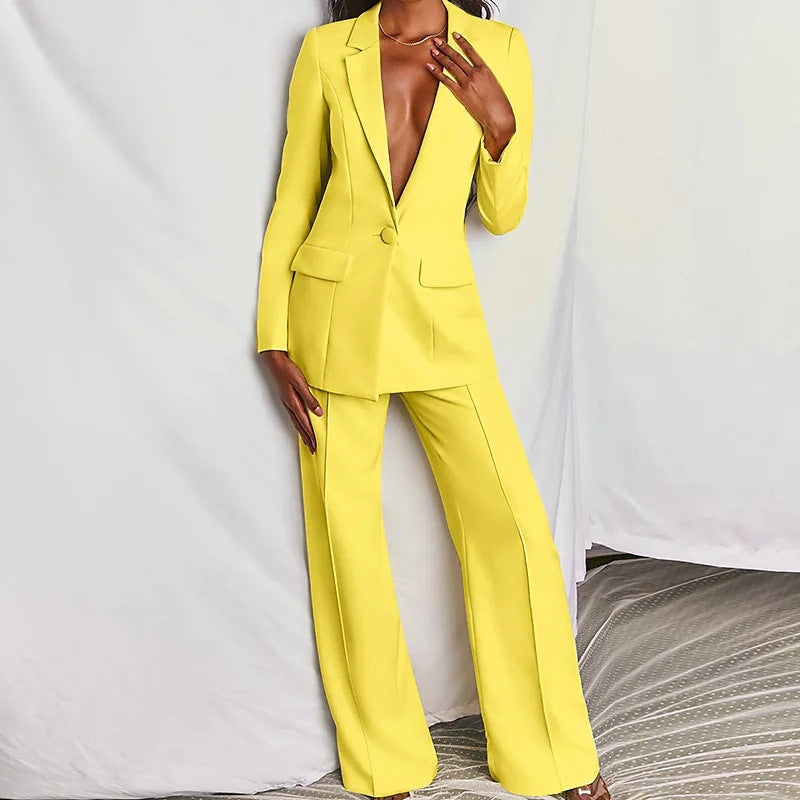 Lapel Button-Down Blazer & Straight-Leg Trousers Suit