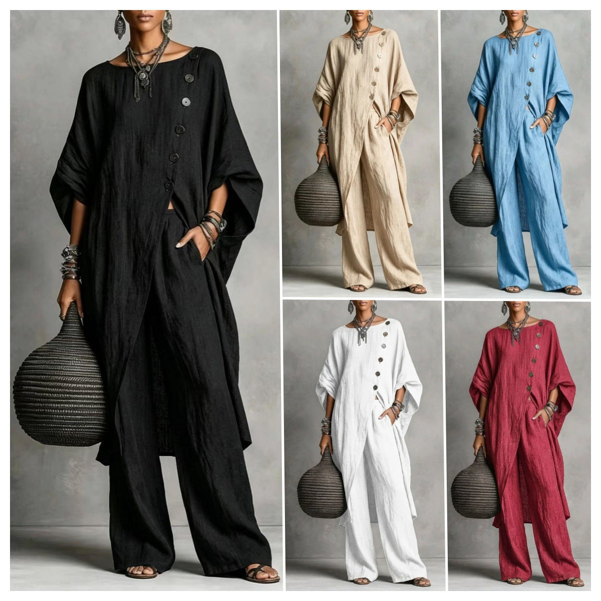 Women's Drop Shoulder Three-Quarter Sleeve Irregular Shirt & Pants Set