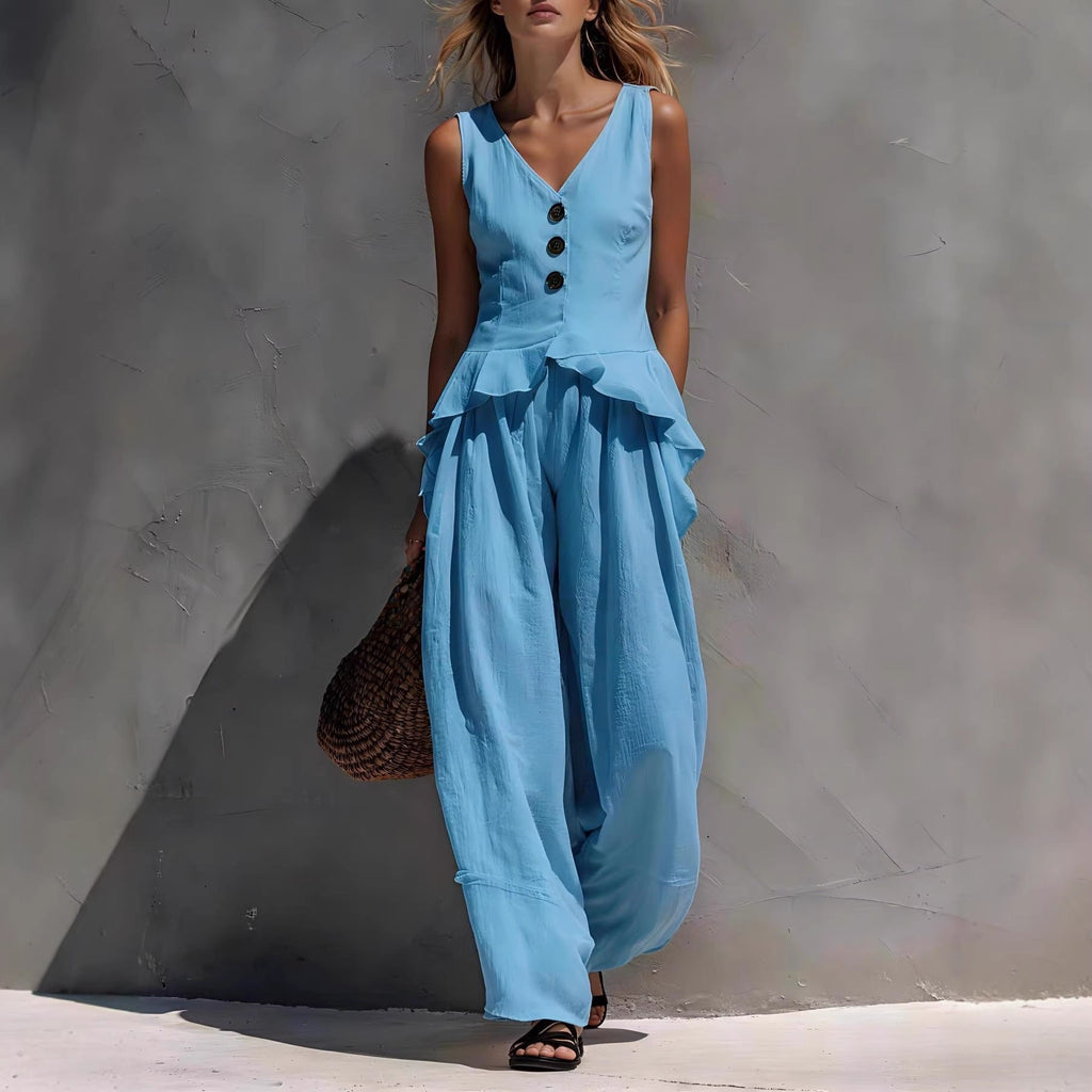 Ruffled Tank Top & Draping Wide-Leg Pants Set – 6 Colors, S–3XL