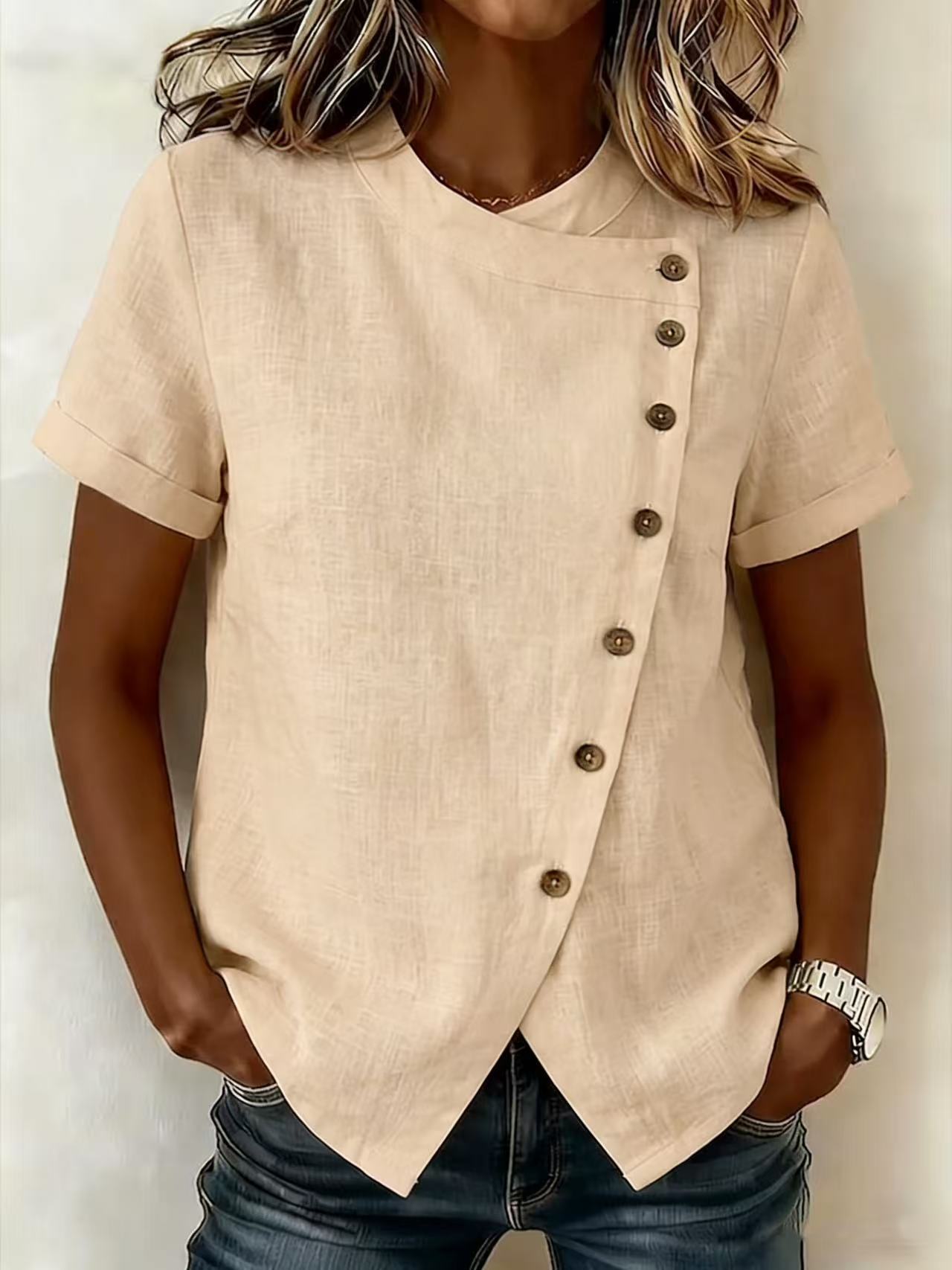 Women's Cross-Neckline Asymmetrical Hem Cotton Linen Top – Loose Fit