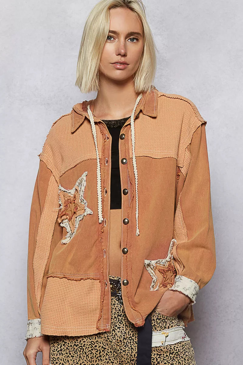 POL Button Down Hooded Jacket with Star Patch Pattern