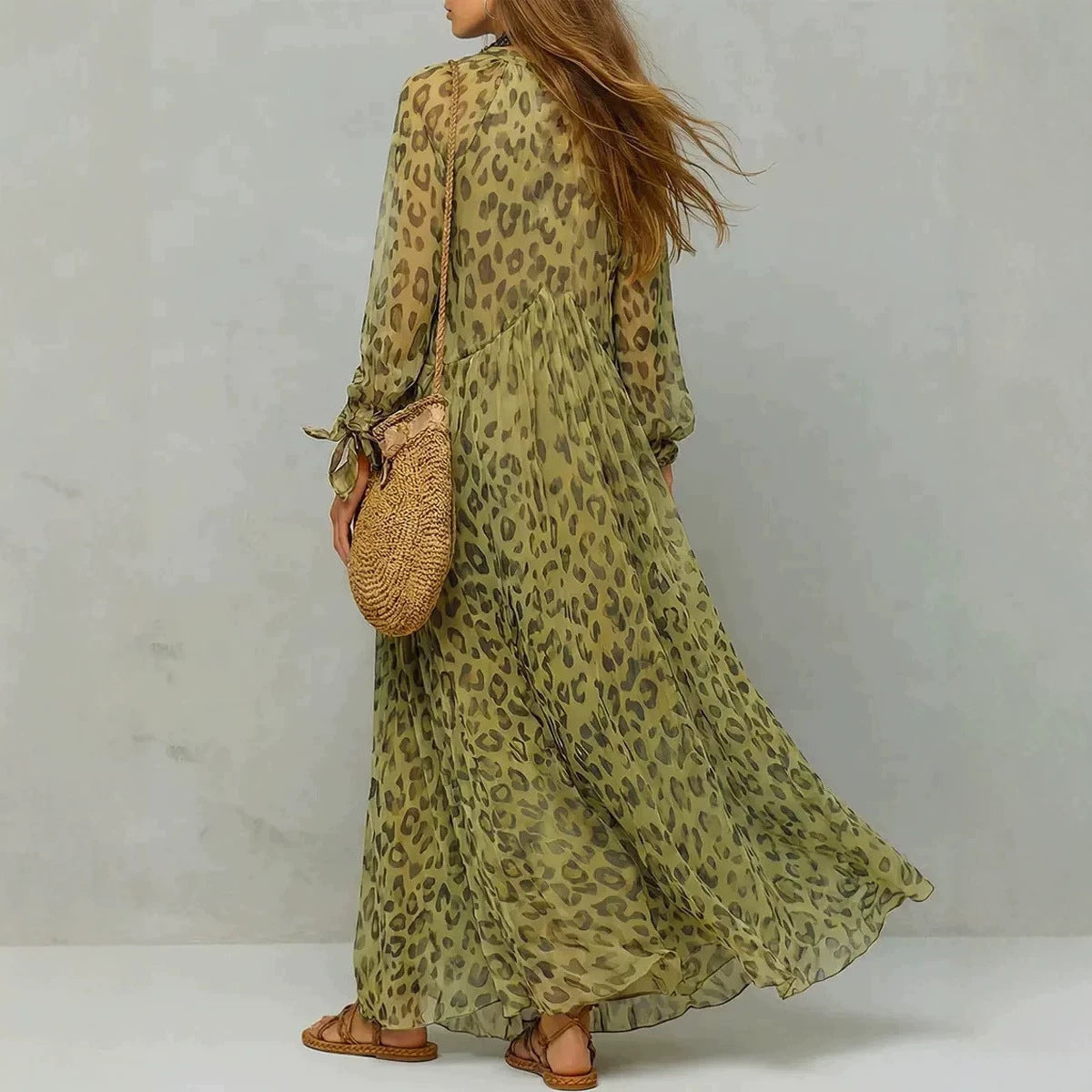 Women's Leopard Print Chiffon Deep V-Neck Flared Maxi Dress | Three-Quarter Sleeve Beach Vacation Dress