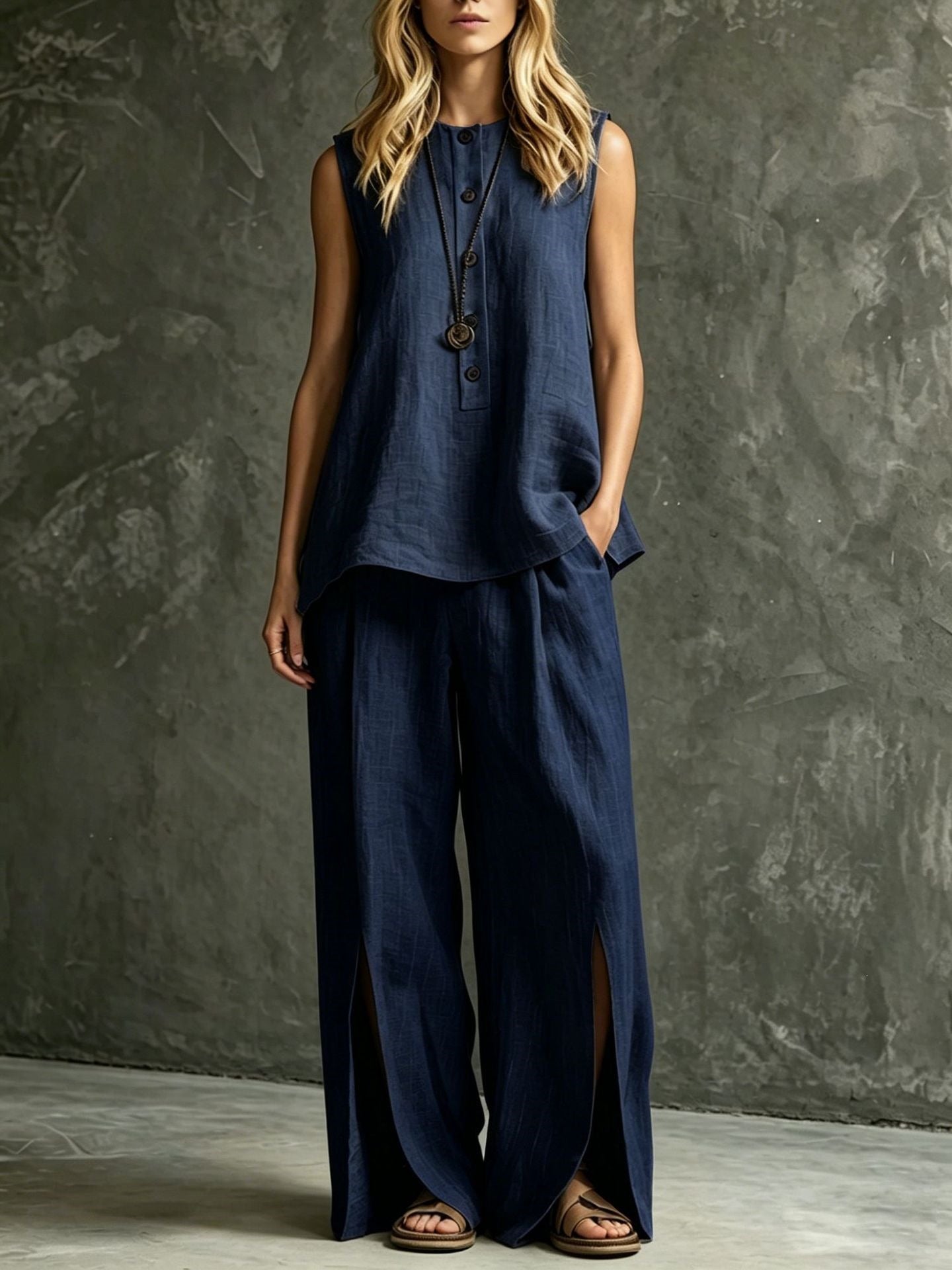 Women's Loose Sleeveless Tank Top & Slit Wide-Leg Pants Two-Piece Set