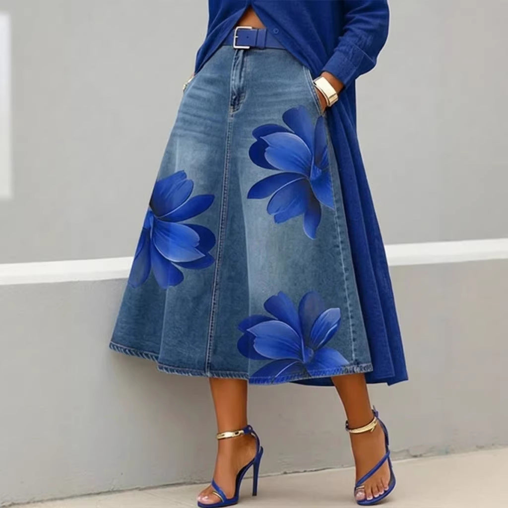 Women's Floral Print A-Line Midi Skirt – Denim-Style Boho Skirt
