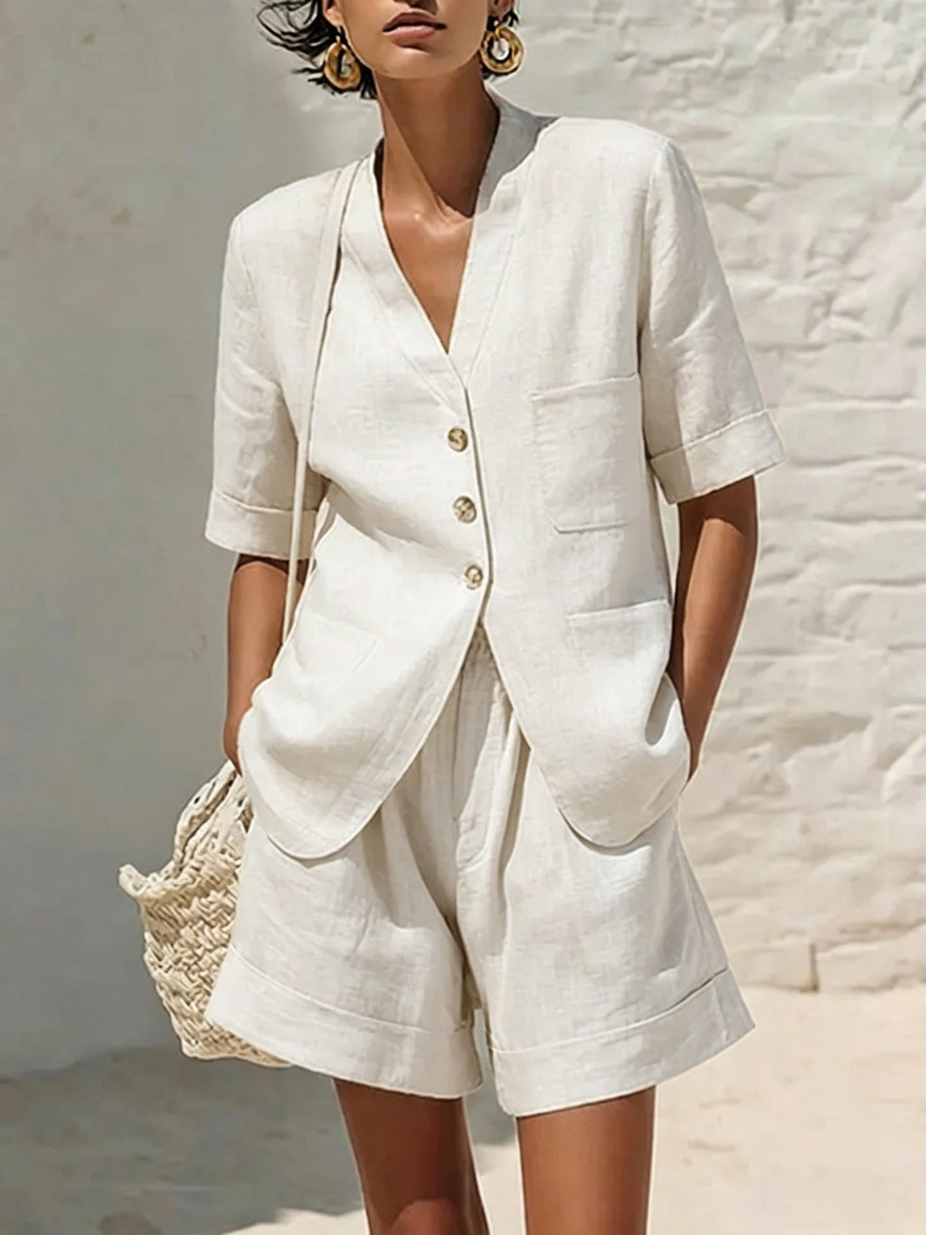 Women's Cotton-Linen Loose-Fit T-Shirt & Cropped Shorts Two-Piece Set