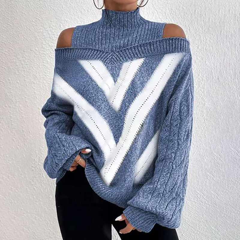 Women’s Elegant Off-Shoulder Turtleneck Sweater — Long Sleeve Knit Top