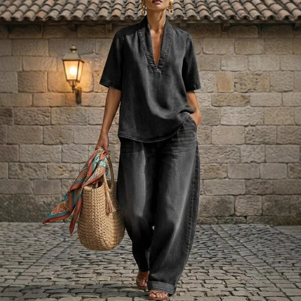 Retro V-Neck Washed Denim Top & Wide-Leg Pants Set – 3 Colors, S–3XL