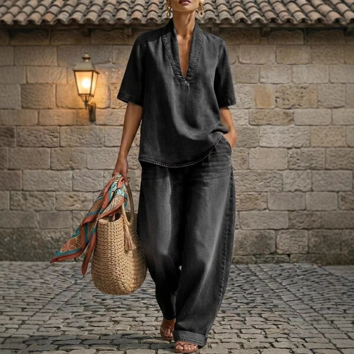 Retro V-Neck Washed Denim Top & Wide-Leg Pants Set – 3 Colors, S–3XL