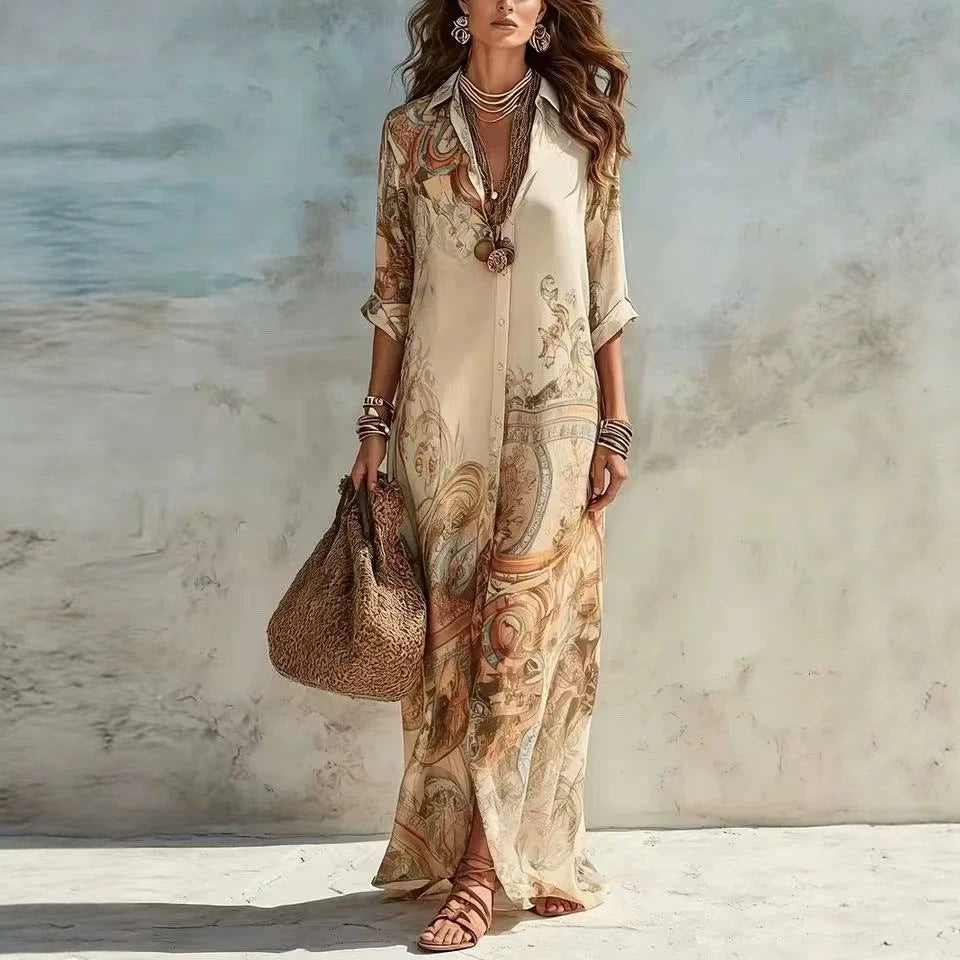 Chiffon Digital Print Vintage Flowy Midi Dress – Women's Button-Front Sundress
