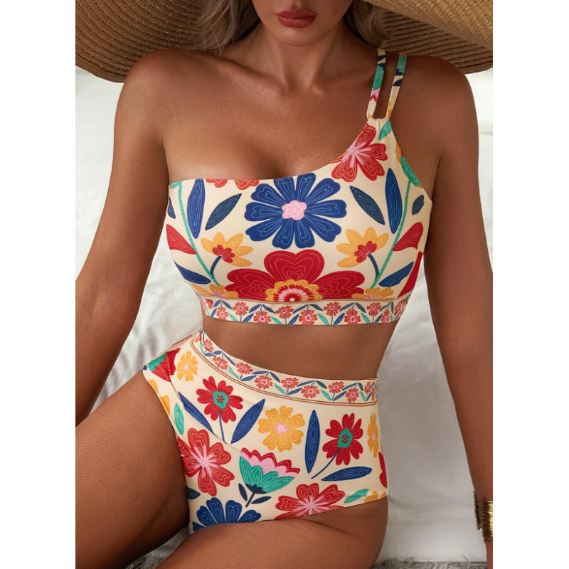One-Shoulder Floral High-Waisted Bikini Set – Belly-Cinching Two-Piece Swimsuit