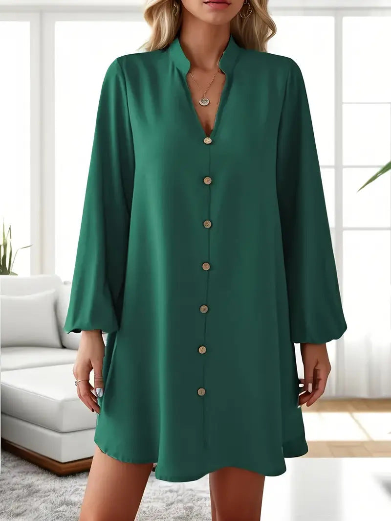 Women's V-Neck Long Sleeve Single-Breasted A-Line Dress