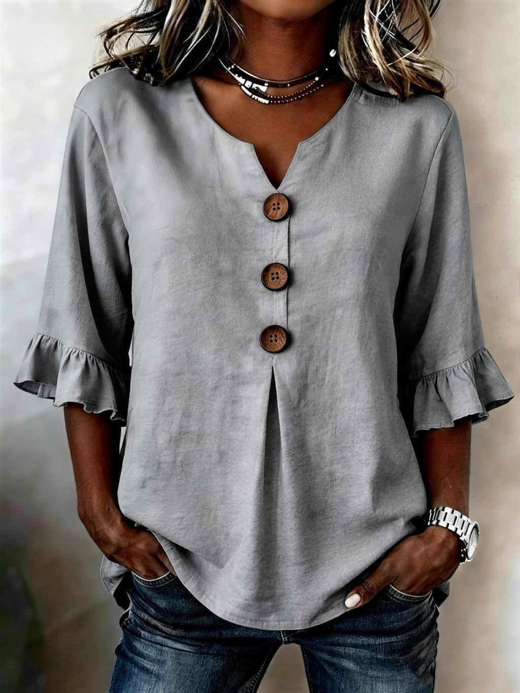 Women's Cotton Linen V-Neck Button-Up Blouse — Summer Casual Top