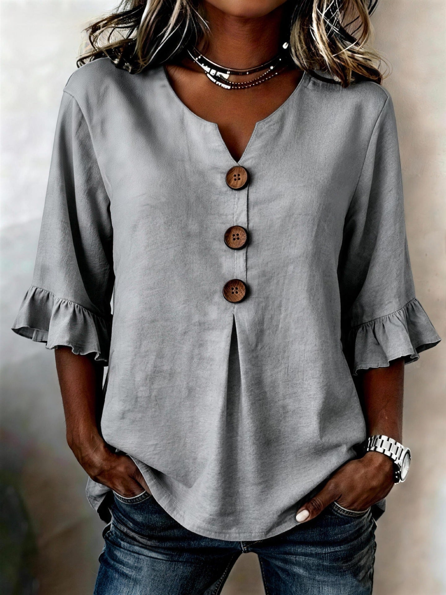 Women's Cotton Linen V-Neck Button-Up Blouse — Summer Casual Top