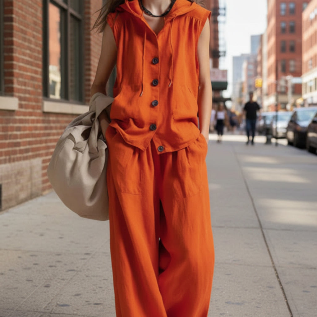 Sleeveless Hooded Top & Wide-Leg Pants Set | High-Waist Two-Piece